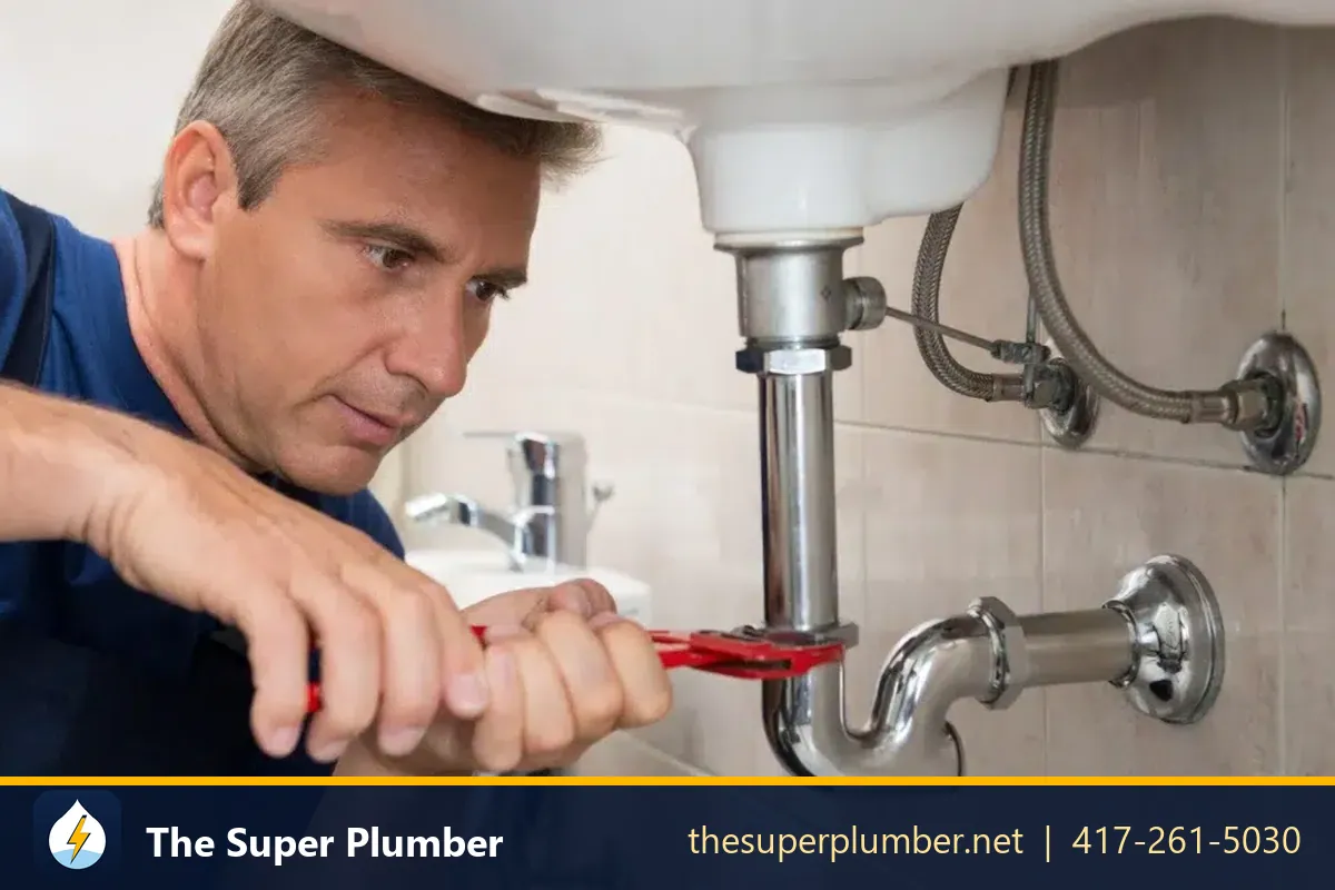 Plumber tightening the chrome trap under a bathroom sink with a red wrench - local plumbers for leaks, drains, sewers and water heaters