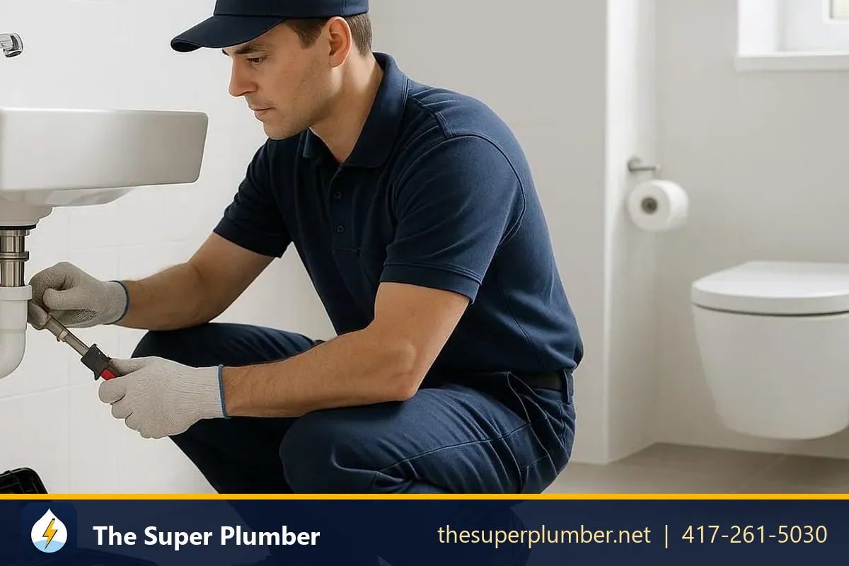 Plumber repairing a bathroom sink trap with a toolbox beside him - plumber near me