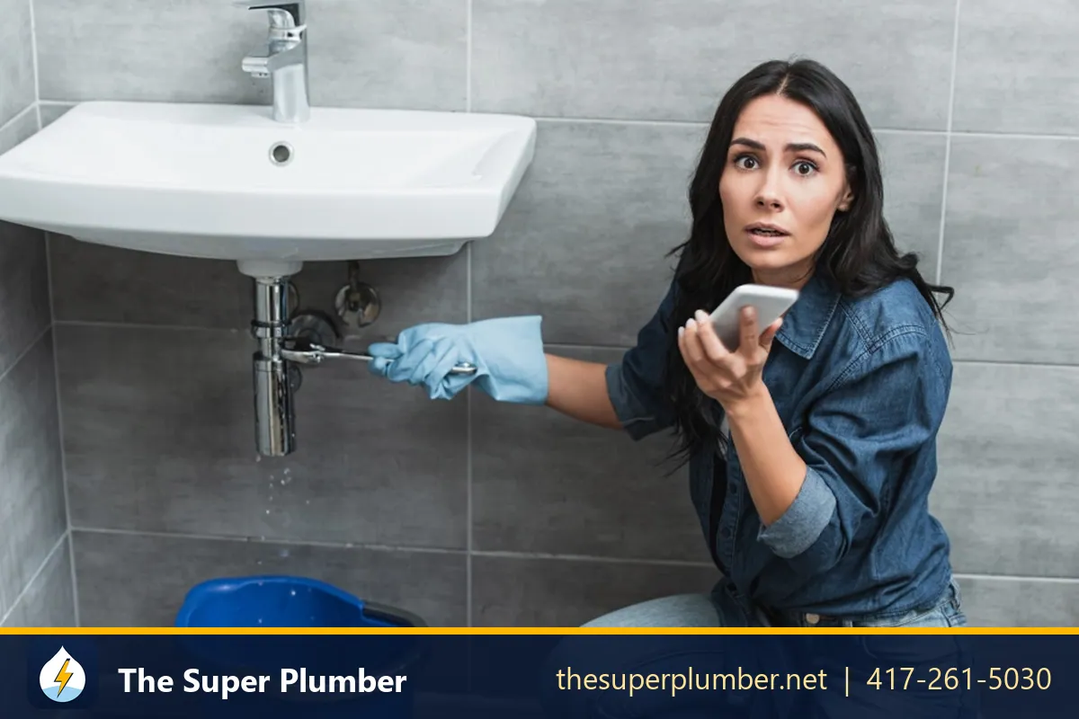 Worried homeowner holding a phone beside a leaking sink pipe with a bucket underneath - emergency plumber San Francisco