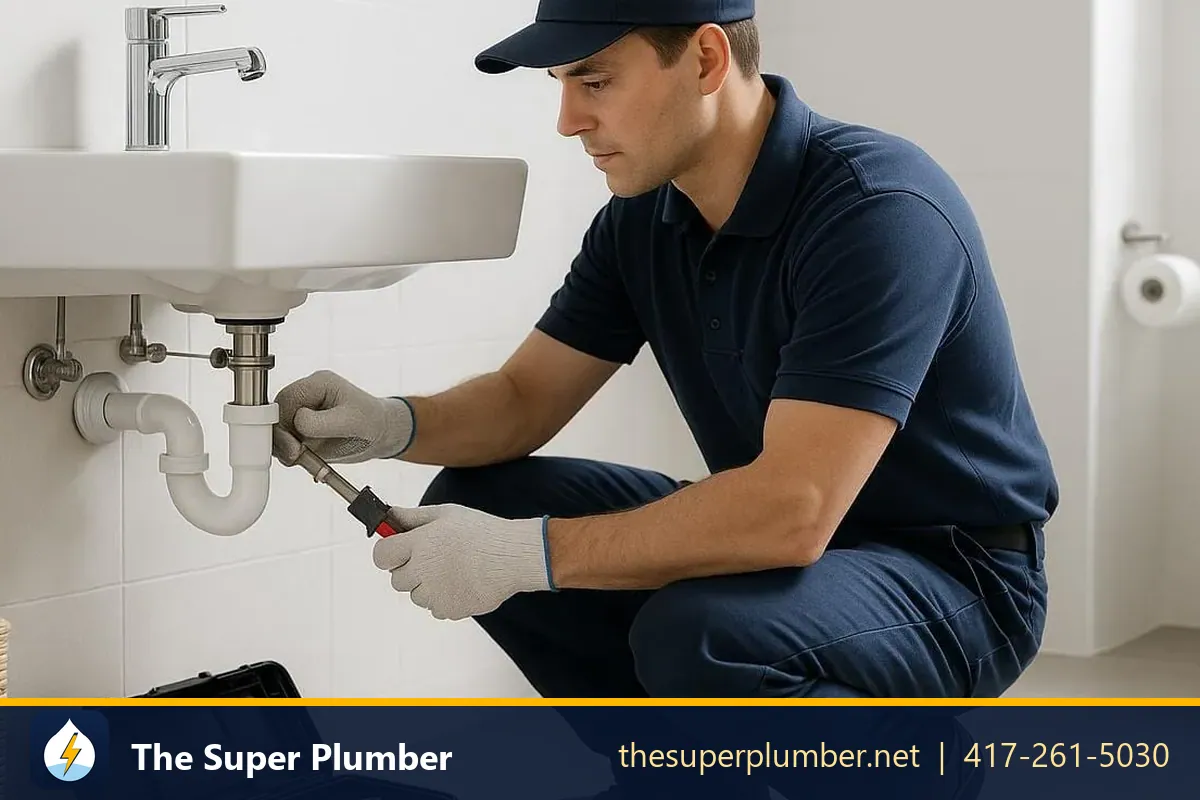 Plumber repairing a bathroom sink trap with a toolbox beside him - plumber in Arizona