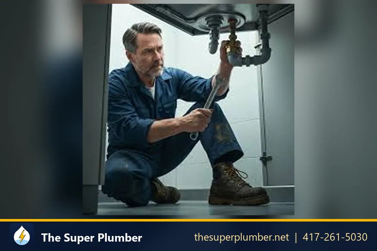 Plumber crouching under a sink with a wrench - plumber in Maine