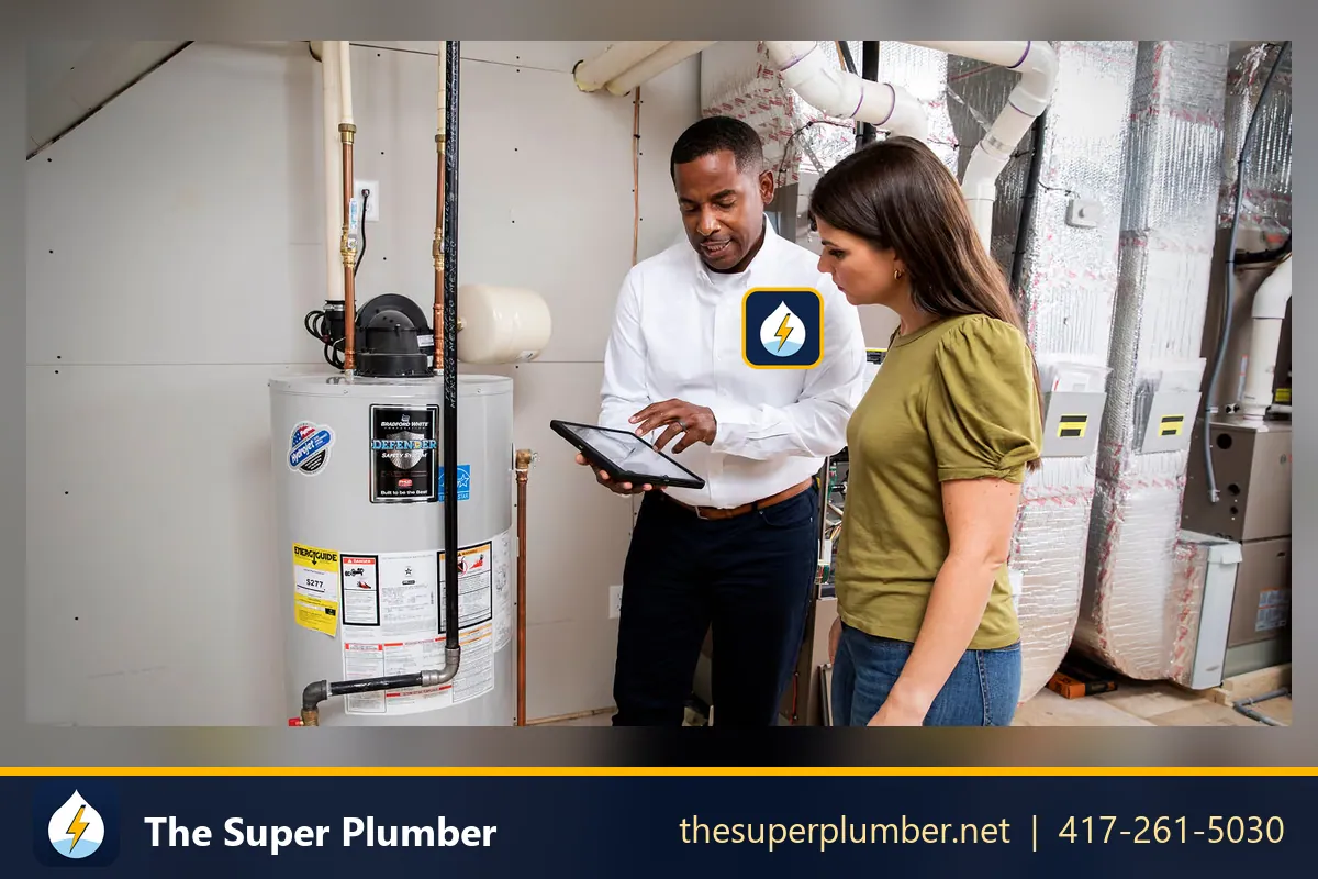 Technician showing a homeowner a tablet beside a water heater in a basement - plumber in New Jersey
