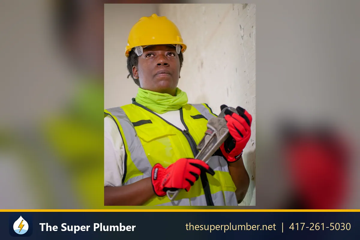 Plumber in a hard hat and high-visibility vest holding a large pipe wrench - plumber in Texas