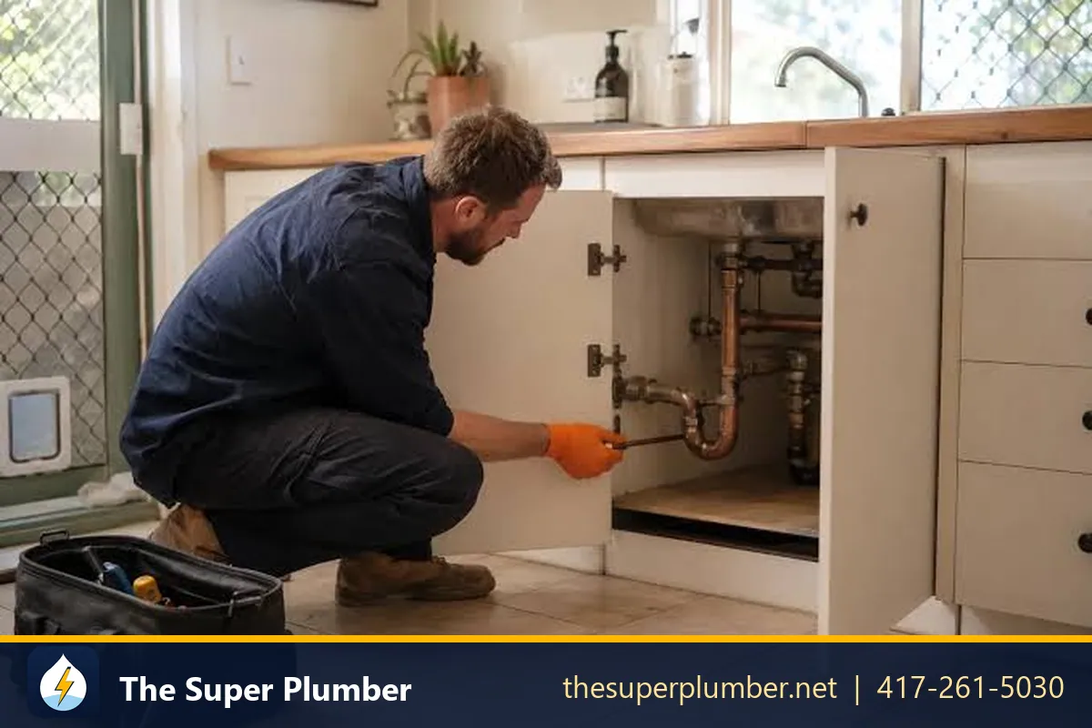 Plumber crouching at an open kitchen sink cabinet checking the drain pipes - plumbing services in Michigan