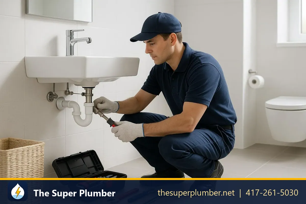 Plumber repairing a bathroom sink trap with a toolbox beside him - plumbing services in Washington