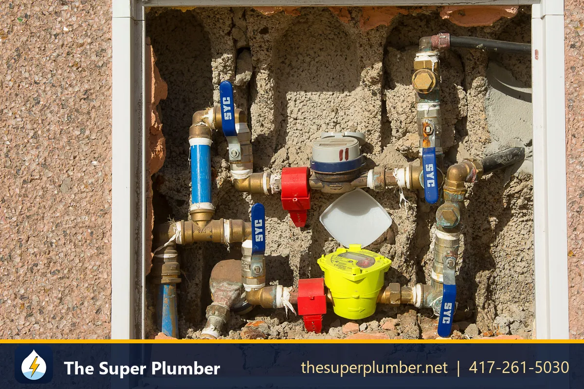 Water meter box with brass shutoff valves and a meter on a building wall - backflow prevention device