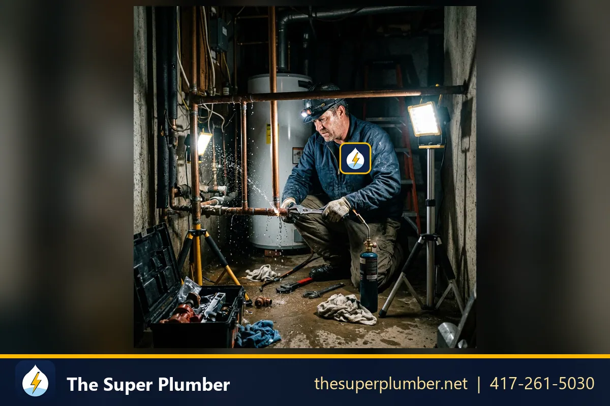 Plumber with a headlamp using a torch on copper pipes in a wet basement while water sprays - burst pipe repair