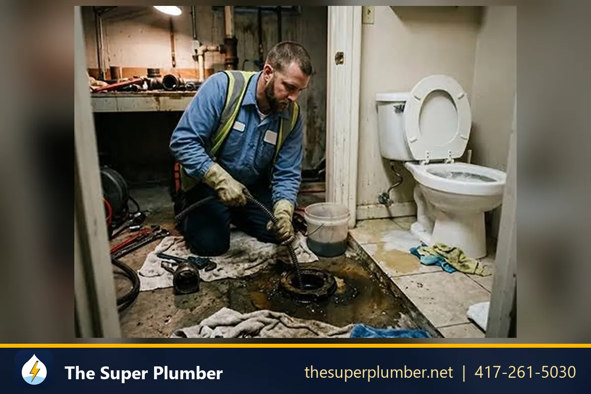 Plumber working on a wet basement floor next to a toilet with a drain cable - drain camera