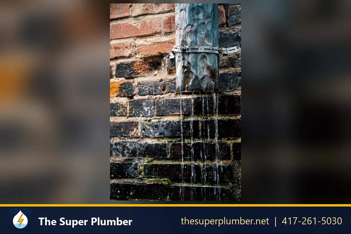 Water streaming down a brick wall from a leaking downpipe - electric on demand water heater