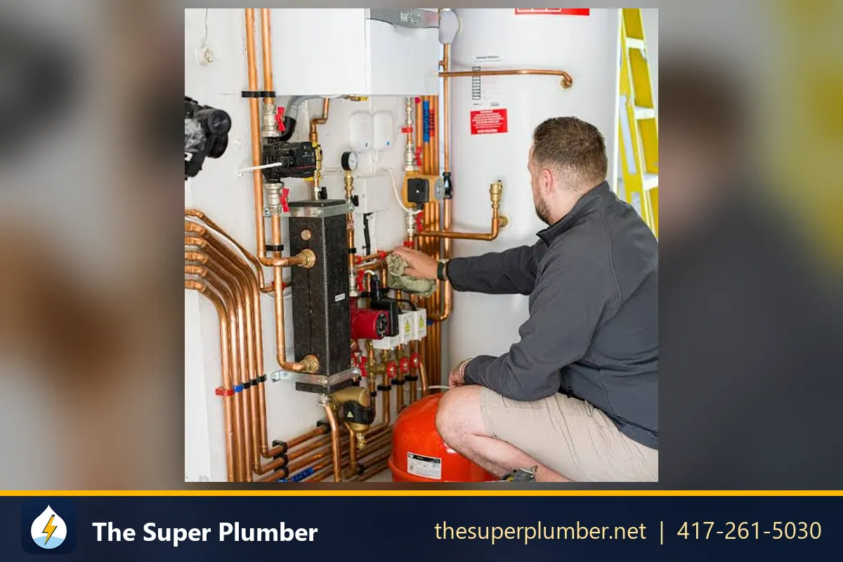 Man inspecting neat copper pipework, valves and a red expansion vessel beside a hot water cylinder - electric tankless boiler