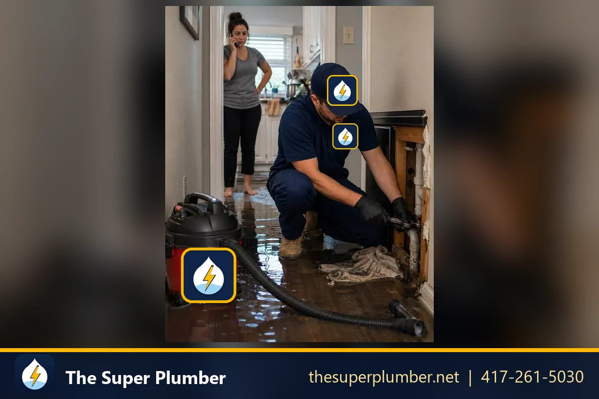 Plumber beside a wet-vac in a flooded hallway while the homeowner calls for help - emergency plumbing near me