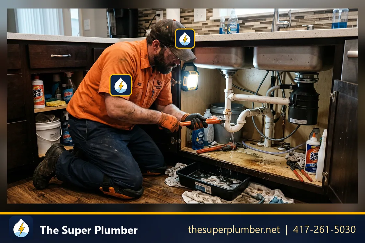 Plumber kneeling under a double kitchen sink with a garbage disposal - garbage disposal repair