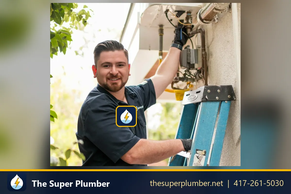 Technician on a ladder working on gas piping and a meter at the side of a house - gas line installation