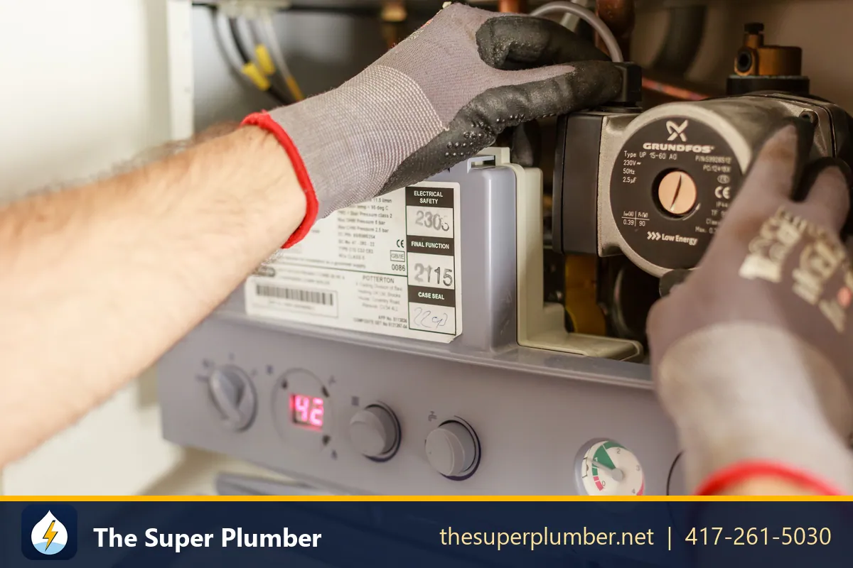 Gloved hands working on a circulator pump and its digital controls - hot water heater