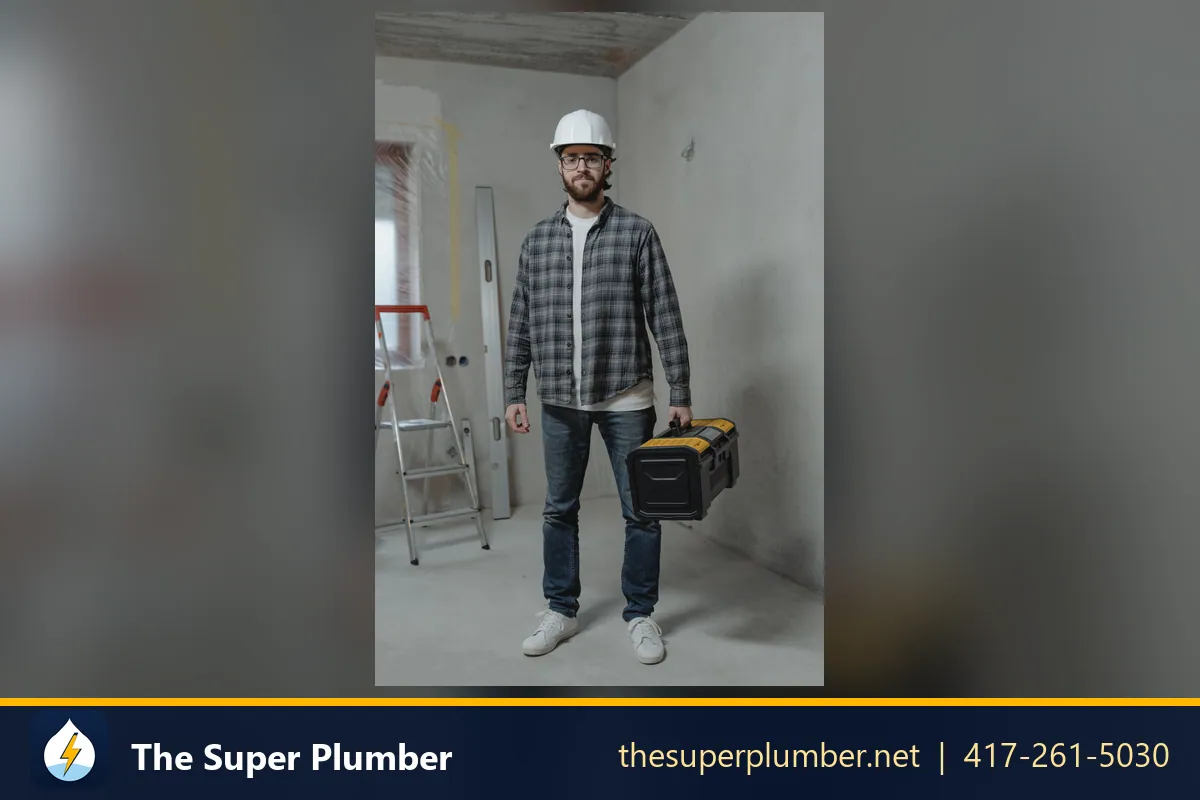 Contractor in a hard hat carrying a black toolbox in an unfinished room - how much do plumbers charge per hour