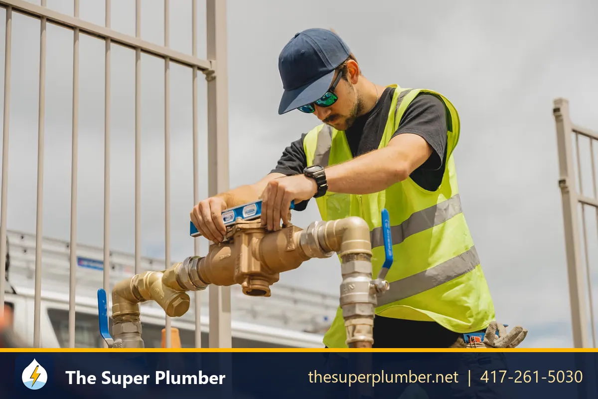 Worker in a high-visibility vest leveling a brass backflow prevention assembly - irrigation backflow preventer