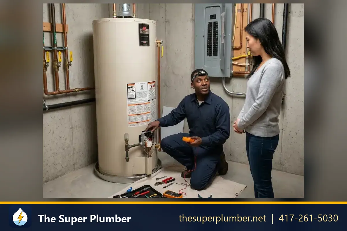 Plumber inspecting a gas water heater with a homeowner - natural gas leak detector