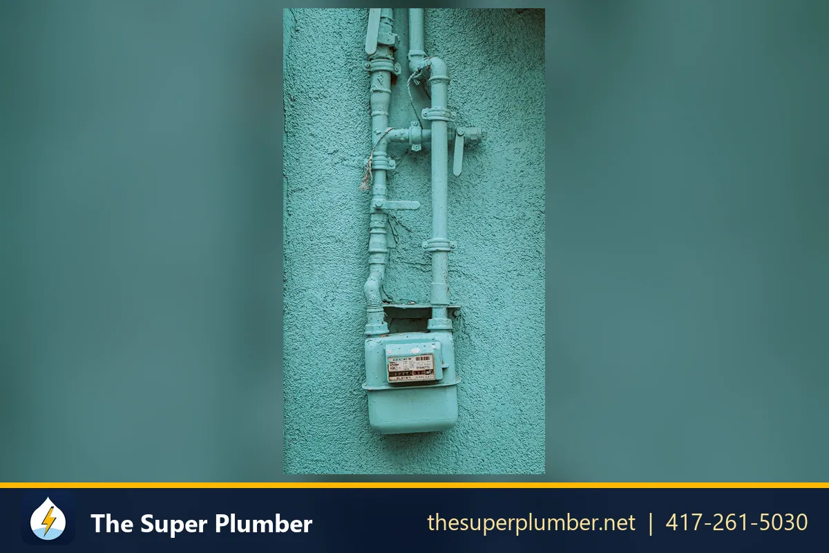 Gas meter with pipes and shutoff valves on an exterior wall - propane tankless water heater
