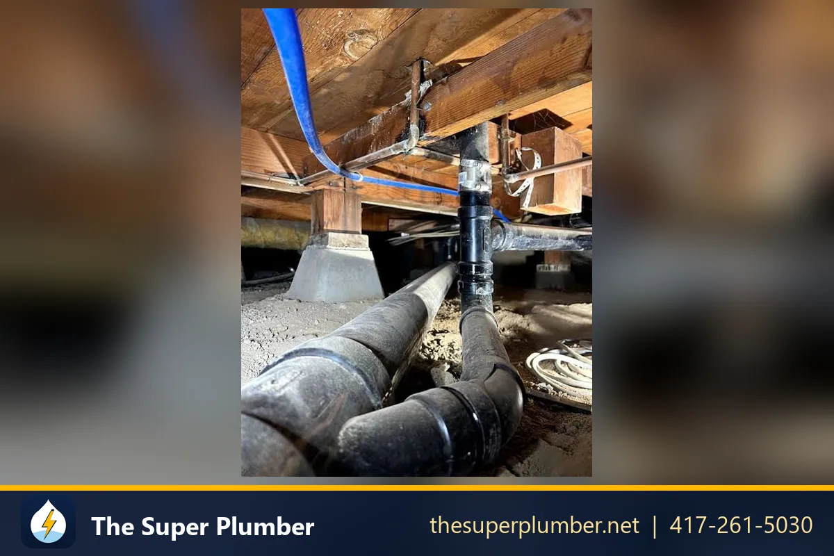 Large black drain line running under a house - sewer line cleaning