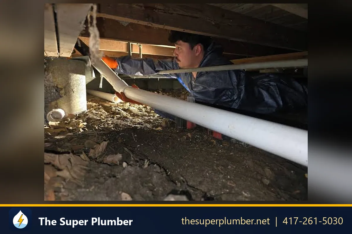 Plumber in a crawlspace checking a long white PVC drain line - sewer line repair