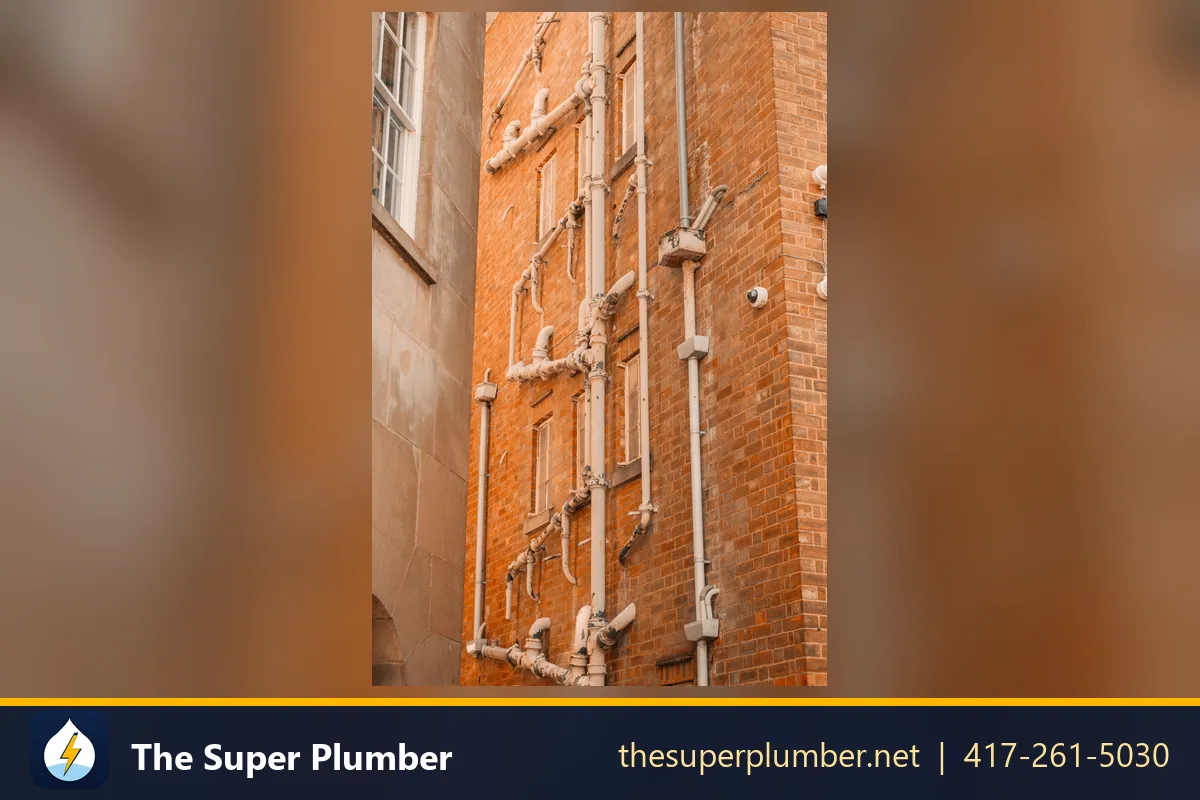 Exposed pipework climbing the brick wall of a commercial building - slab leak detection