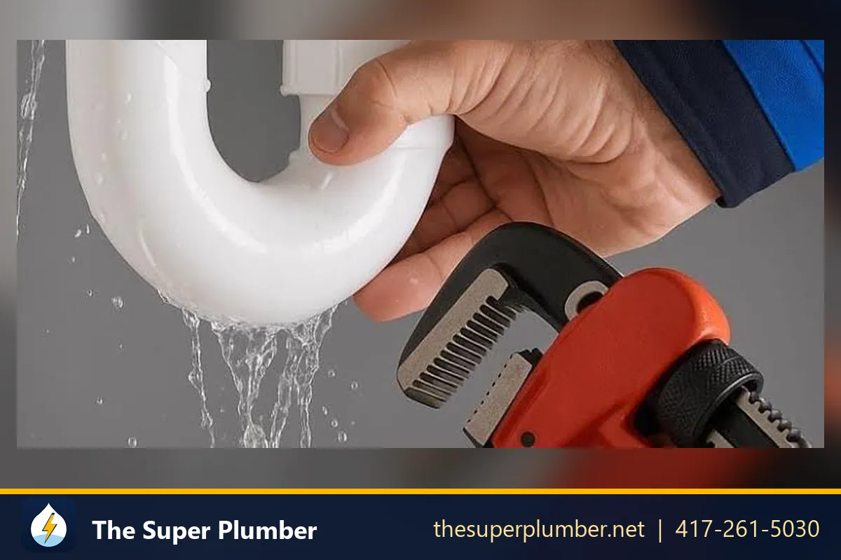Water dripping from a white PVC pipe joint while a hand holds a pipe wrench - slab leak