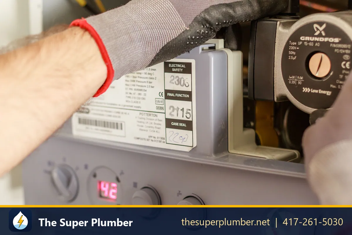 Gloved hands working on a circulator pump and its digital controls - tankless water heater cost