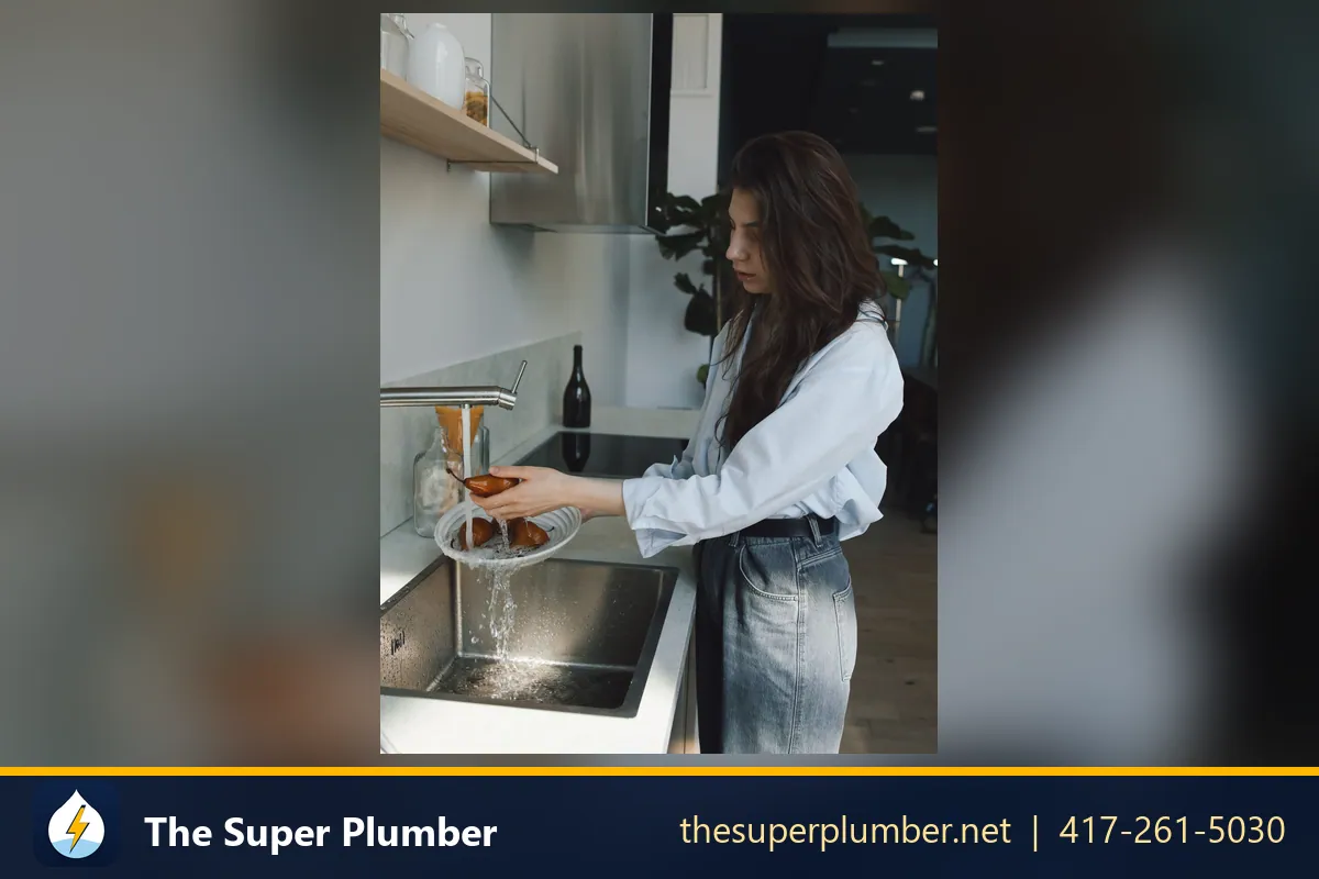 Woman rinsing a plate under running water at a stainless steel kitchen sink - water line repair near me