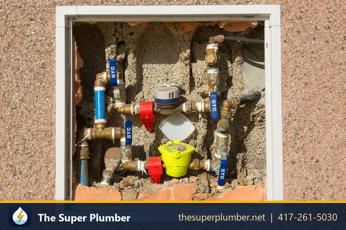 Water meter box with brass shutoff valves and a meter on a building wall - water line, water main & backflow services