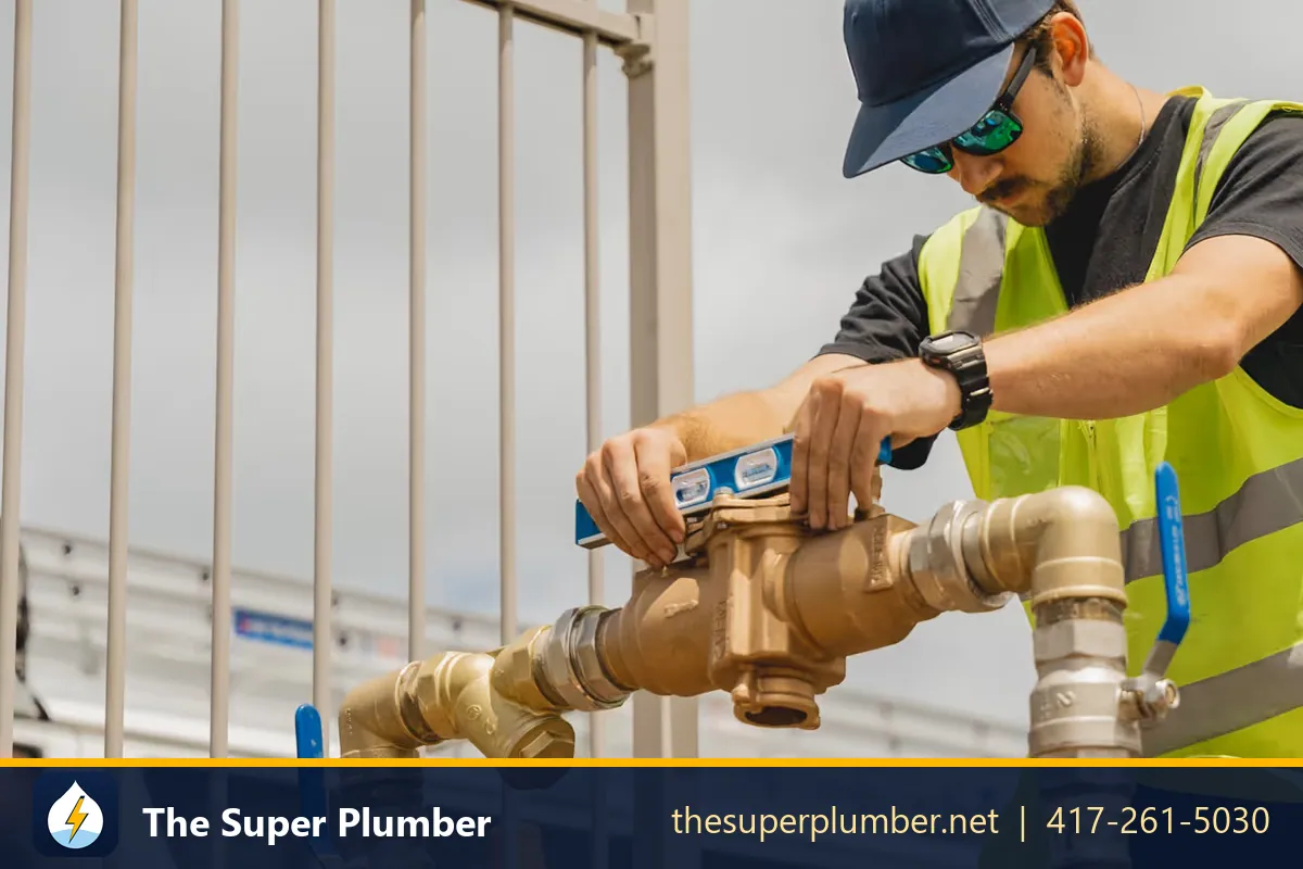 Worker in a high-visibility vest leveling a brass backflow prevention assembly - water line, water main & backflow services